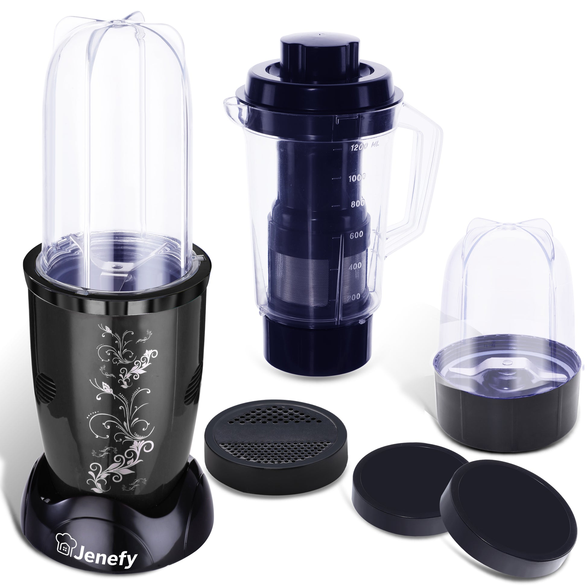 jenefy bullet mixer grinder juicer blender 400 w with 3 jars (500 ml & 300 ml & juicer jar) black / 400 watts / 3 jar