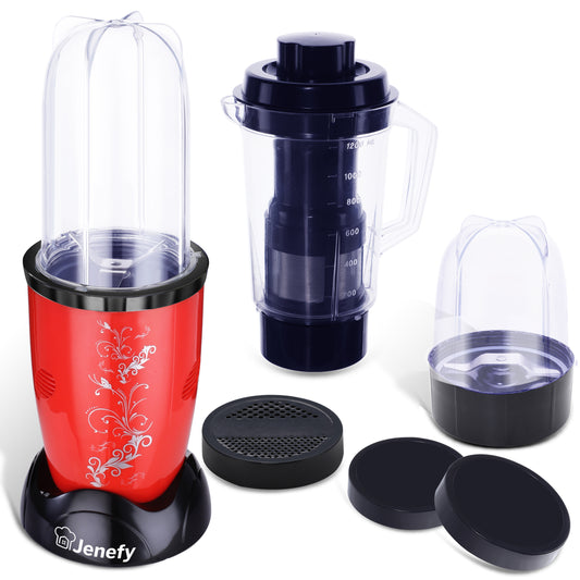 jenefy bullet mixer grinder juicer blender 400 w with 3 jars (500 ml & 300 ml & juicer jar) red / 400 watts / 3 jar