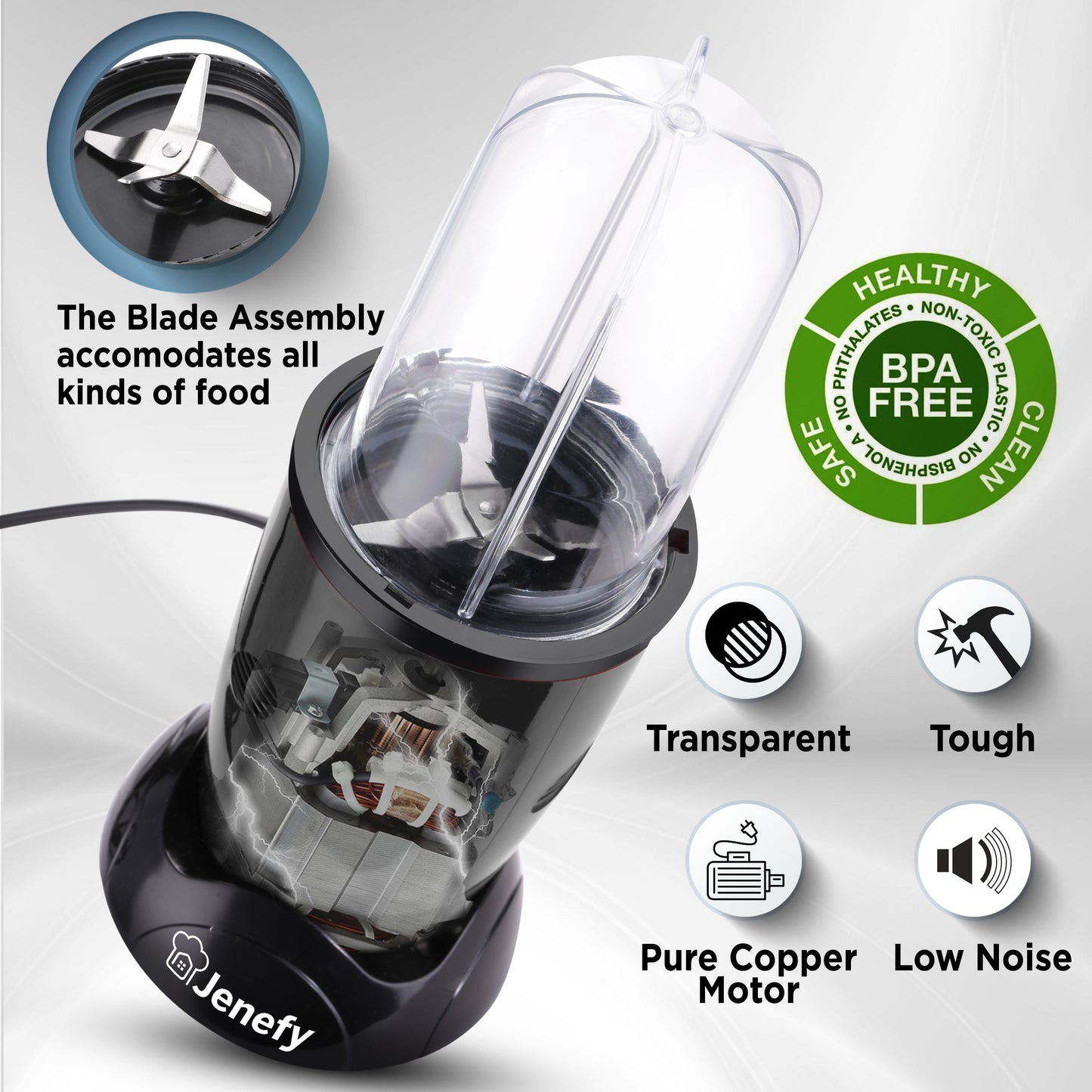 jenefy bullet mixer grinder blender 400 w with 2 jars (500 ml & 300 ml)
